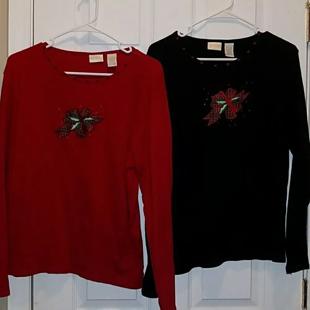 Erika Set of 2 holiday plaid holly tops Sz.L EUC